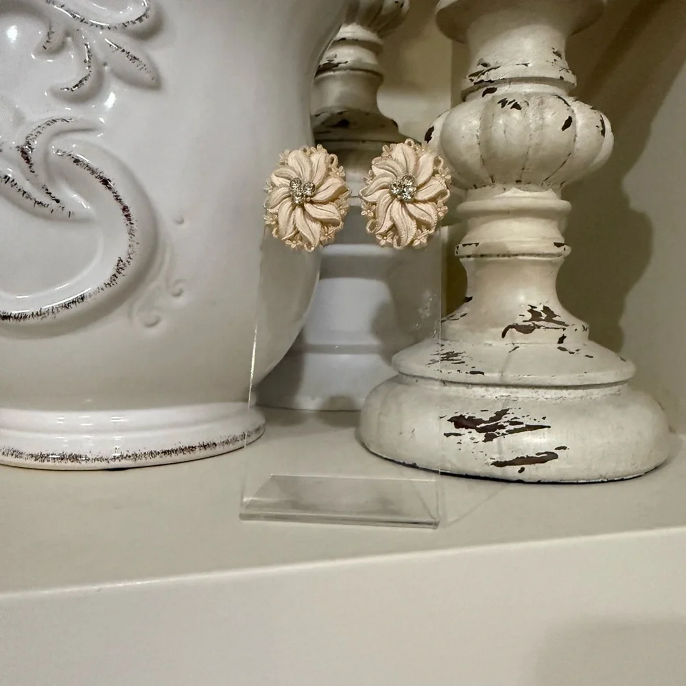 Vintage Celluloid Floral Clip Earrings with Rhinestones